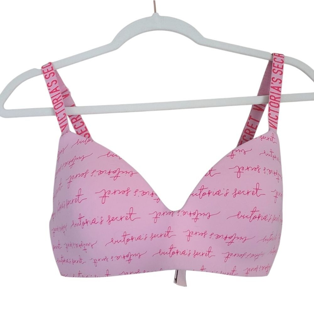 victoria's secret lightly lined wireless t-shirt bra cursive logo pink size 34D